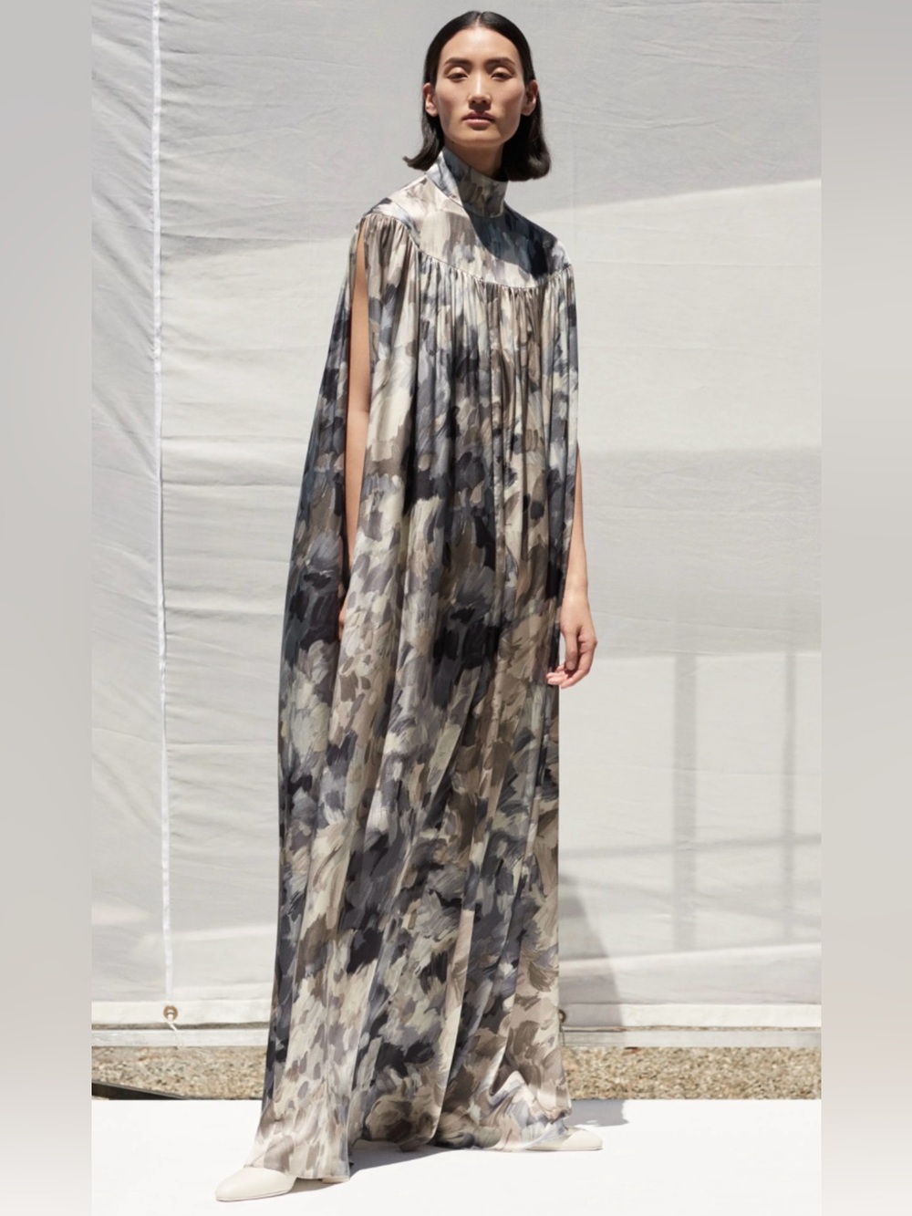 NWT CO Swiss Mock Neck Silk Grey Abstract Print Maxi Dress Size M